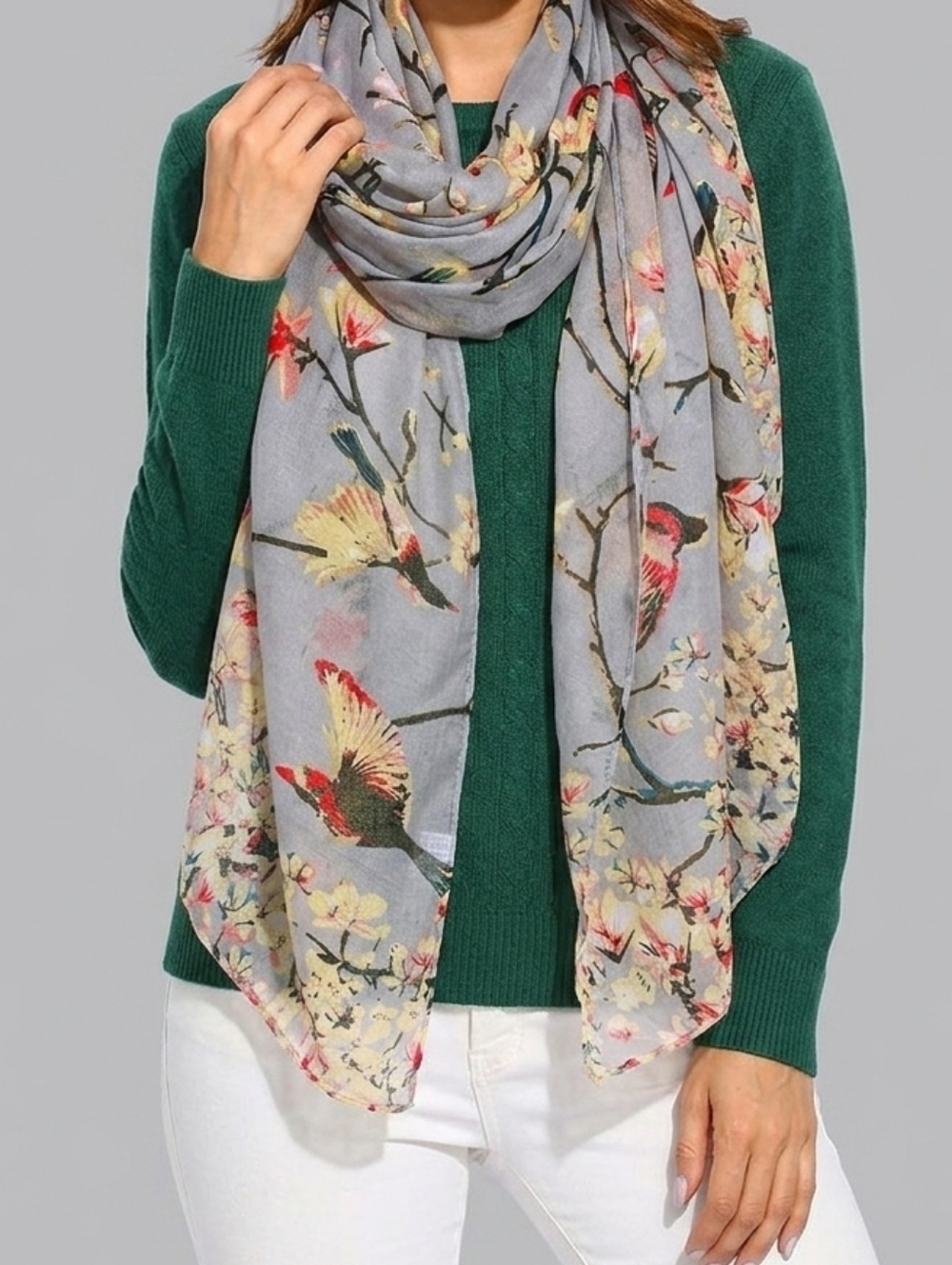 Botanical Bird & Blossom Scarf Grey Floral Lightweight Shawl Head Wrap 70 × 33